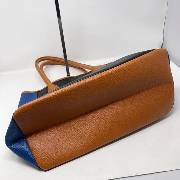 Neiman Marcus Blue Black Tan Faux Leather Colorblock Stripe Tote Bag Purse - Picture 10 of 13